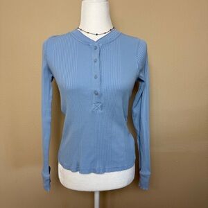 Aerie Henley Sky Blue Ribbed Long Sleeve Top Size Medium